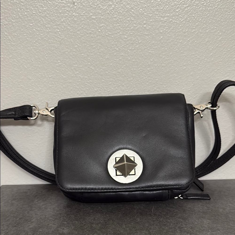 Sleek Black Leather Crossbody Bag with Silver Hardware